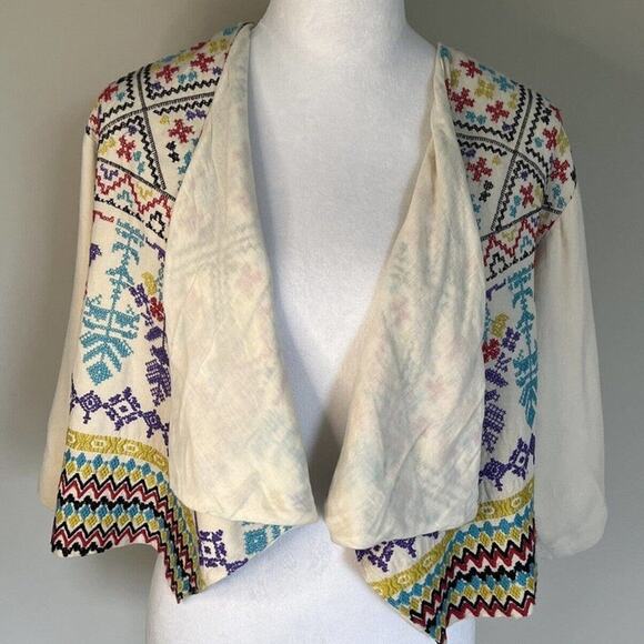 Ecote UO Embroidered Open Front Crop Jacket Colorful Boho Festival Cover Up - Picture 2 of 12
